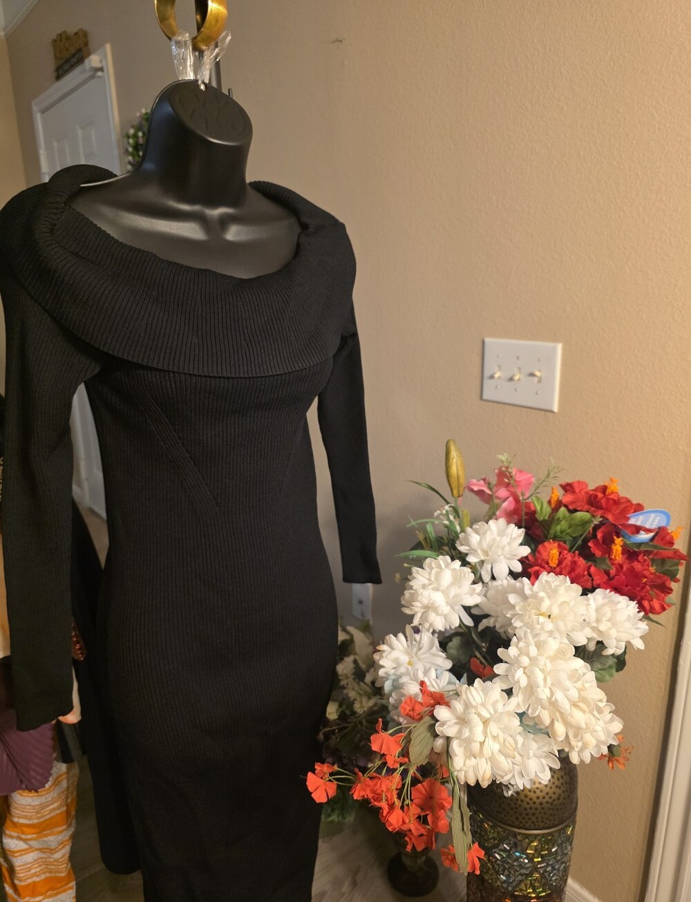 Adrianna Papell Black Off-Shoulder Ribbed Sweater Dress